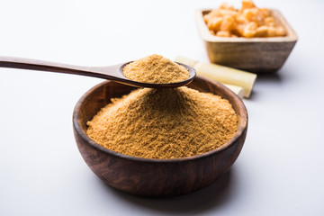 Organic Gur or Jggery Powder is unrefined sugar obtained from concentrated sugarcane juice. served...