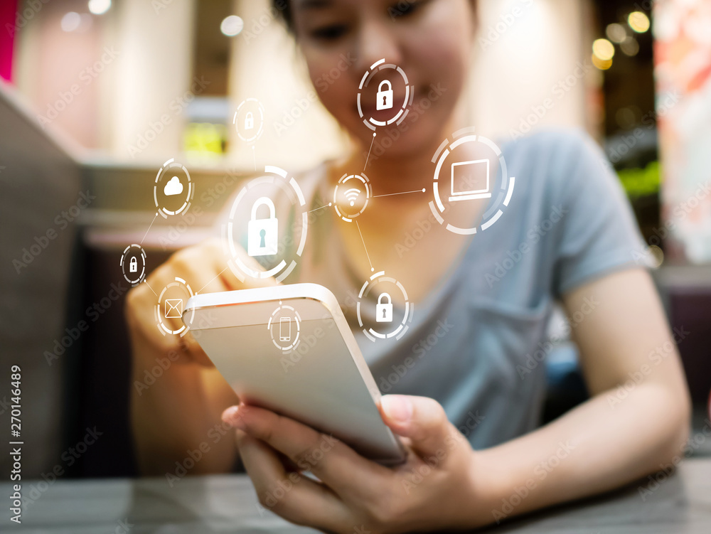 Aufkleber woman using smartphone with icon graphic cyber security network of connected devices and personal da