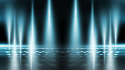 Background of empty stage show. Neon light and laser show. Laser futuristic shapes on a dark background. Abstract dark background with neon glow