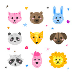 Set of cute doodle animal faces in scandinavian style isolated on white background.