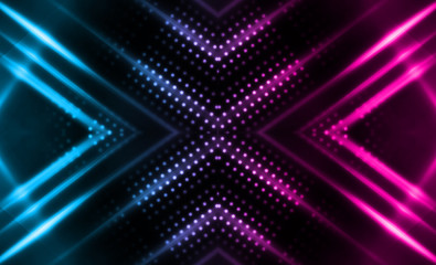 Dark abstract futuristic background. Neon lines, glow. Neon lines, shapes. Pink and blue glow