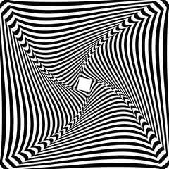 Abstract black and white striped background. Geometric pattern with visual distortion effect. Optical illusion. Op art.