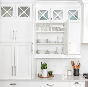 Farmhouse Kitchen Cabinet Full Of Dishes