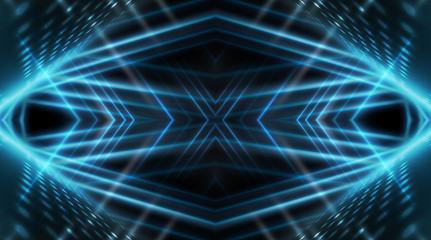 Background of empty stage show. Neon light and laser show. Laser futuristic shapes on a dark background. Abstract dark background with neon glow
