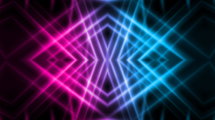 Dark abstract futuristic background. Neon lines, glow. Neon lines, shapes. Pink and blue glow
