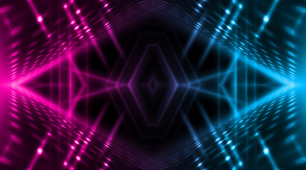 Dark abstract futuristic background. Neon lines, glow. Neon lines, shapes. Pink and blue glow