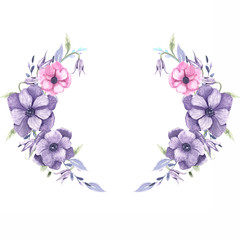 Fototapeta na wymiar a wreath of watercolor anemones, purple flowers in the shape of a wreath, delicate flowers with veins, a frame for text