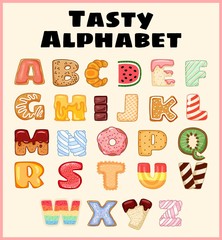 Set of tasty alphabet. Delicious, sweet, like donuts, glazed, chocolate, yummy, tasty, shaped alphabet font letters. Colorful vector typography elements collection everyone would like to eat.