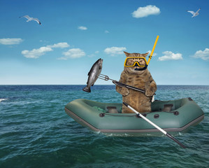 The dog fisherman in uniform with a fishing rod is drifting in the inflatable boat in the high seas. He holds a big fish. - obrazy, fototapety, plakaty