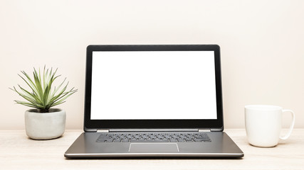 Laptop with blank screen on desk, home office background, screen replacement, working from home, wooden table background