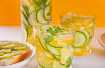 Refreshing summer drink with lemon, ginger, fresh cucumber and mint.
