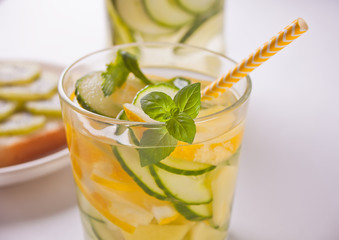 Refreshing summer drink with lemon, ginger, fresh cucumber and mint.