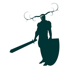 Silhouette of a medieval knight with sword and shield. Helmet with deer horns