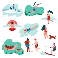 People Relaxing at Summer Vacation Set, Young Man and Woman Surfing, Swimming, Diving, Playing Soccer, Doing Sports, Summer Outdoors Activities Vector Illustration