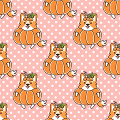 Seamless pattern with dog welsh corgi, in pumpkin, on a pink background with white dots. Excellent design for packaging, wrapping paper, textile, clothes and etc.