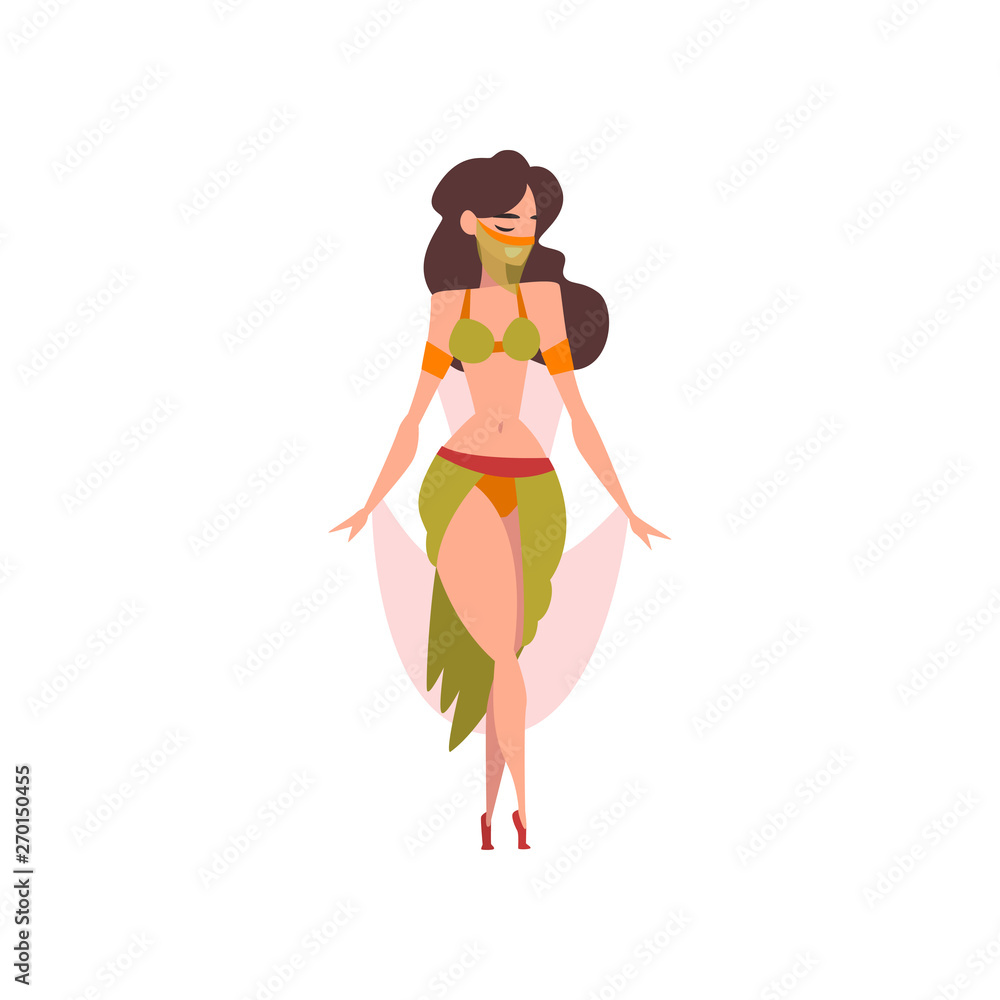 Poster beautiful eastern girl dancing belly dance, oriental indian or arabic dancer character in green cost