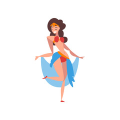 Graceful Smiling Eastern Girl Dancing Belly Dance, Indian or Arabic Dancer Character in Traditional Costume Vector Illustration