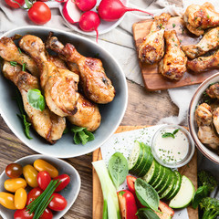 Grilled chicken legs and wings