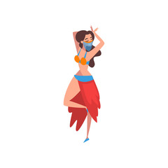 Beautiful Graceful Girl Dancing Belly Dance, Oriental Indian or Arabic Dancer Character in Traditional Costume and Veil Vector Illustration