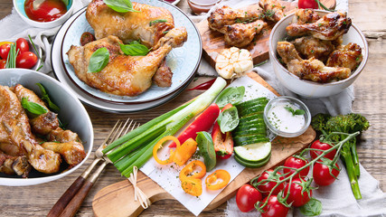 Grilled chicken legs and wings