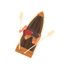 Man in Cap Rowing Wooden Boat, Top View Vector Illustration