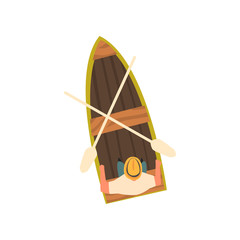 Man in Hat in Wooden Boat, Top View Vector Illustration