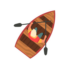 Man Floating on Wooden Boat, Top View Vector Illustration on White Background.
