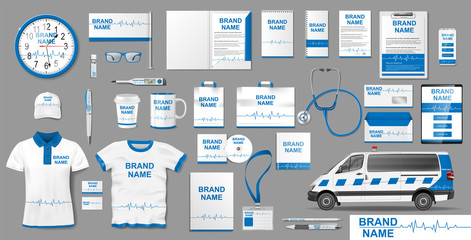 Corporate medical clinic Branding identity template design. Pharmacy Dental Clinic mockup elements for presentation. Business style medical template for your brand. Vector illustration