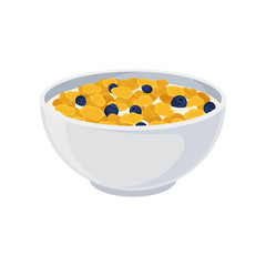 Crispy flakes with milk and berries in a ceramic bowl close-up. Vector illustration on white background.