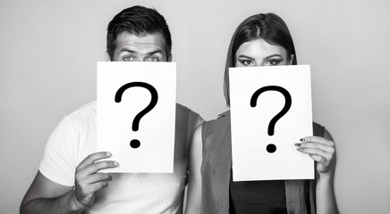 Anonymous, man and woman question. Problems and solutions. Getting answers. Portrait of couple...