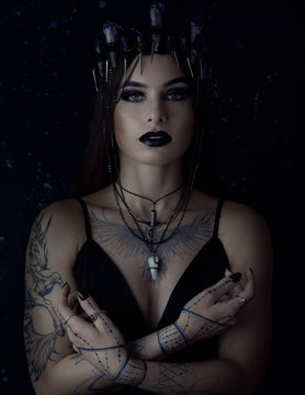 Gothic style woman portrait in black. Halloween black dark witch