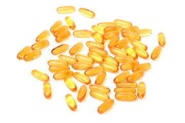 Vitamin Omega-3 fish oil capsules on white background 