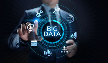 Big data analytics technology internet technology concept. Businessman pressing button on virtual screen.