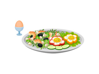 Salad of shrimps and vegetables on the same plate with fried egg in rings of sweet pepper. Vector illustration on white background.