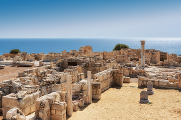 Ancient columns in ruins of ancient Kourion. Limassol District. Cyprus