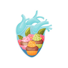 Chocolate muffins inside the heart. Vector illustration on white background.