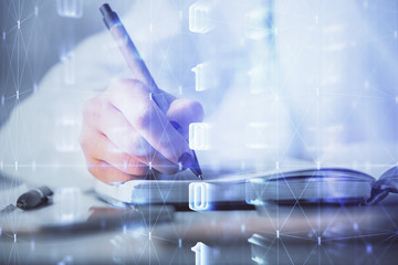 Human's hands with data theme multi exposure background drawings. Concept of innovation.