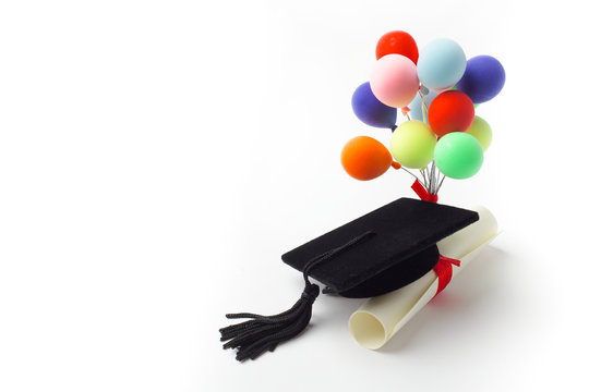 Black Graduation Cap, Degree And Balloons Isolated On White Background.