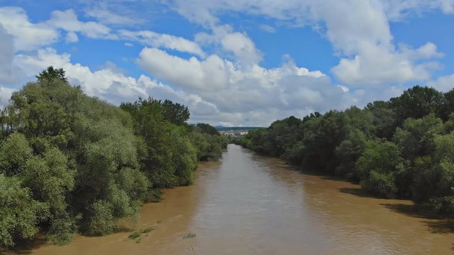 Aerial view of flood in river due to heavy rains river overflowed