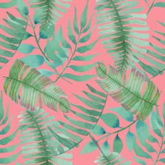 Fototapeta na wymiar watercolor seamless background with tropical leaves