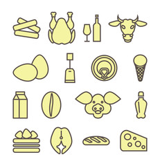 food icons for grocery store. meat, fish, bread, milk, canned food, coffee, cheese, sausage, tea. vector isolated illustration on white background