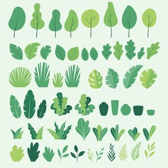 Vector set of flat illustrations of plants, trees, leaves, branches, bushes and pots - 270154253