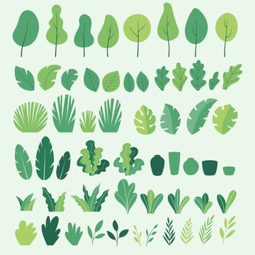 Vector set of flat illustrations of plants, trees, leaves, branches, bushes and pots