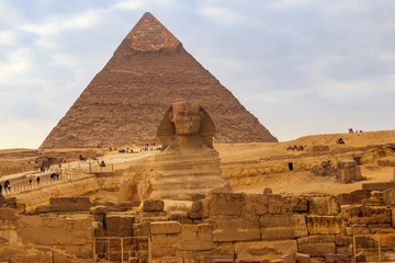 Egyptian Great Sphinx and pyramids of Giza in Cairo, Egypt