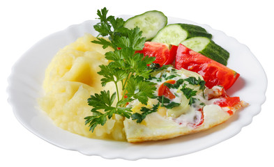 Hot tasty mashed potatoes with scrambled eggs, tomatoes, cucumbe