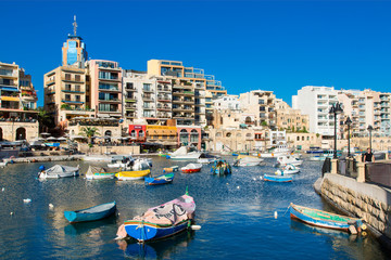 Spinola Bay with restaurants, St. Julian`s, Malta, Mediterranean, Europe - obrazy, fototapety, plakaty