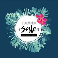 Summer Sale promotion. Tropical jungle design with a round frame