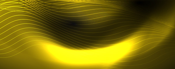 Smoky glowing waves in the dark. Dark abstract background with neon color light and wavy lines. Vector