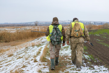 Hunters with a german drathaar and spaniel, pigeon hunting with dogs in reflective vests	