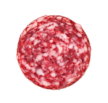 .Slices of salami. Isolated on a white background. sausage cut.uncooked smoked.mincemeat..